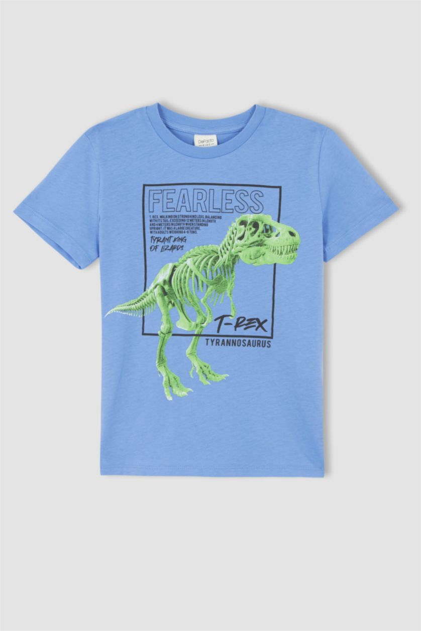 Erkek Çocuk - Genç Erkek Mavi Erkek Çocuk Dinozor Baskılı Kısa Kollu Pamuklu Tişört Şort 2'li Takım