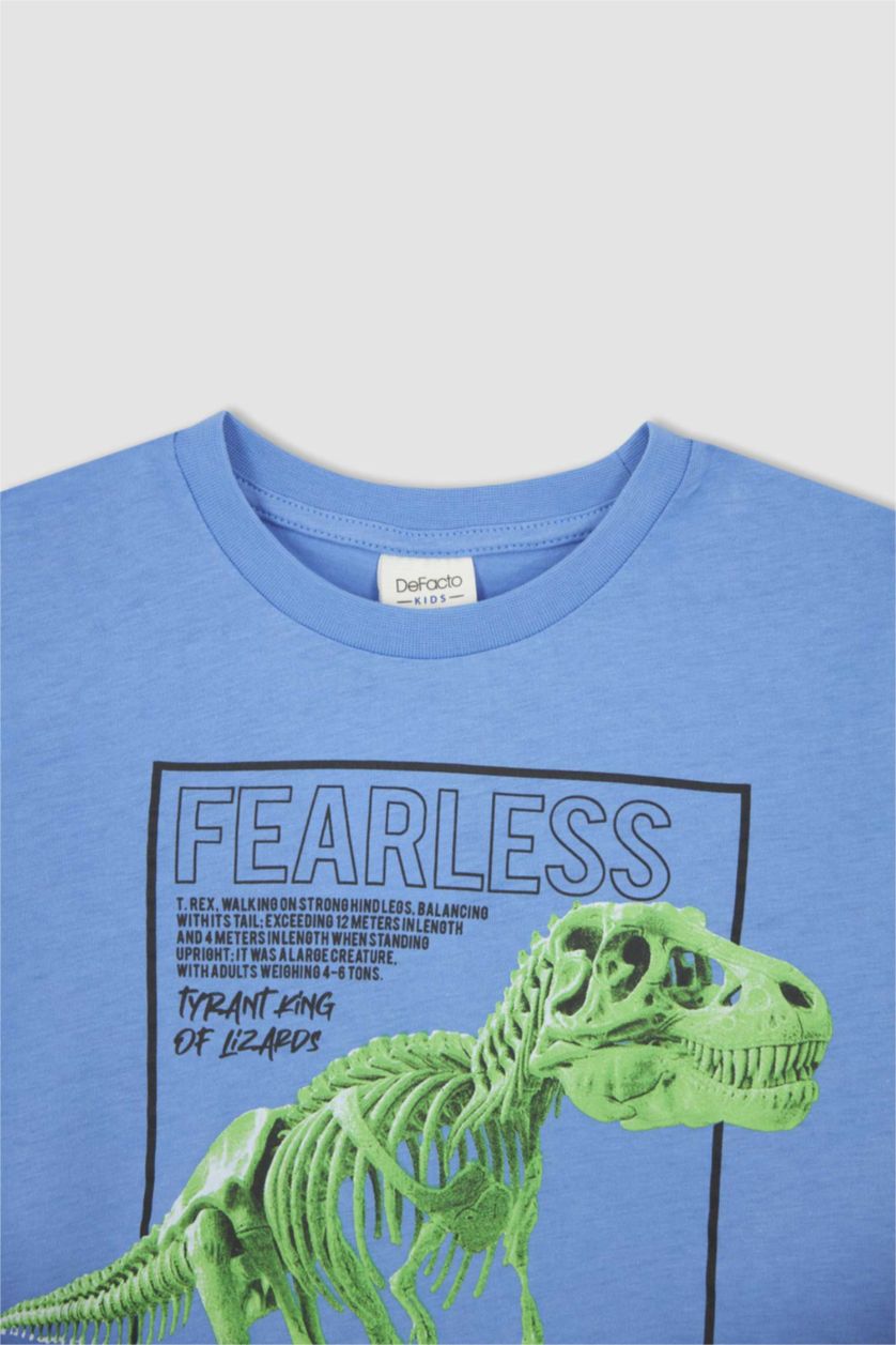Erkek Çocuk - Genç Erkek Mavi Erkek Çocuk Dinozor Baskılı Kısa Kollu Pamuklu Tişört Şort 2'li Takım