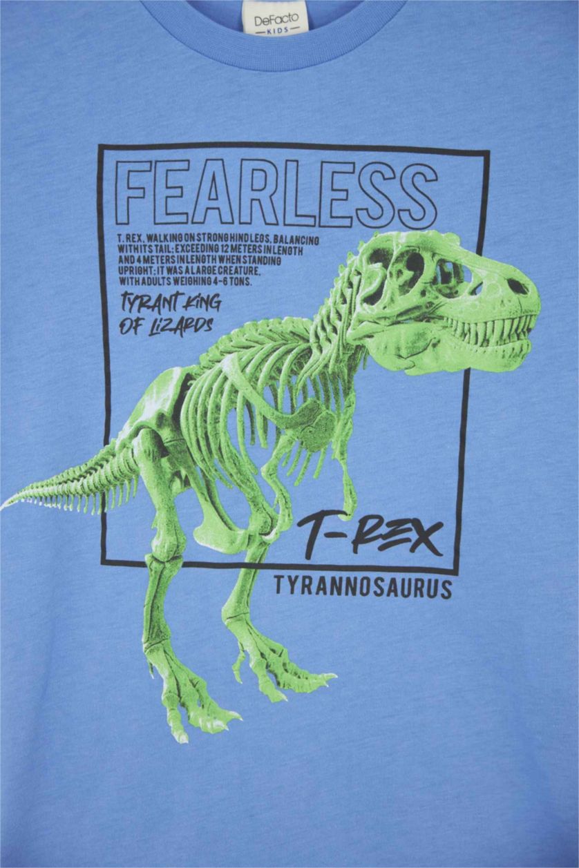 Erkek Çocuk - Genç Erkek Mavi Erkek Çocuk Dinozor Baskılı Kısa Kollu Pamuklu Tişört Şort 2'li Takım