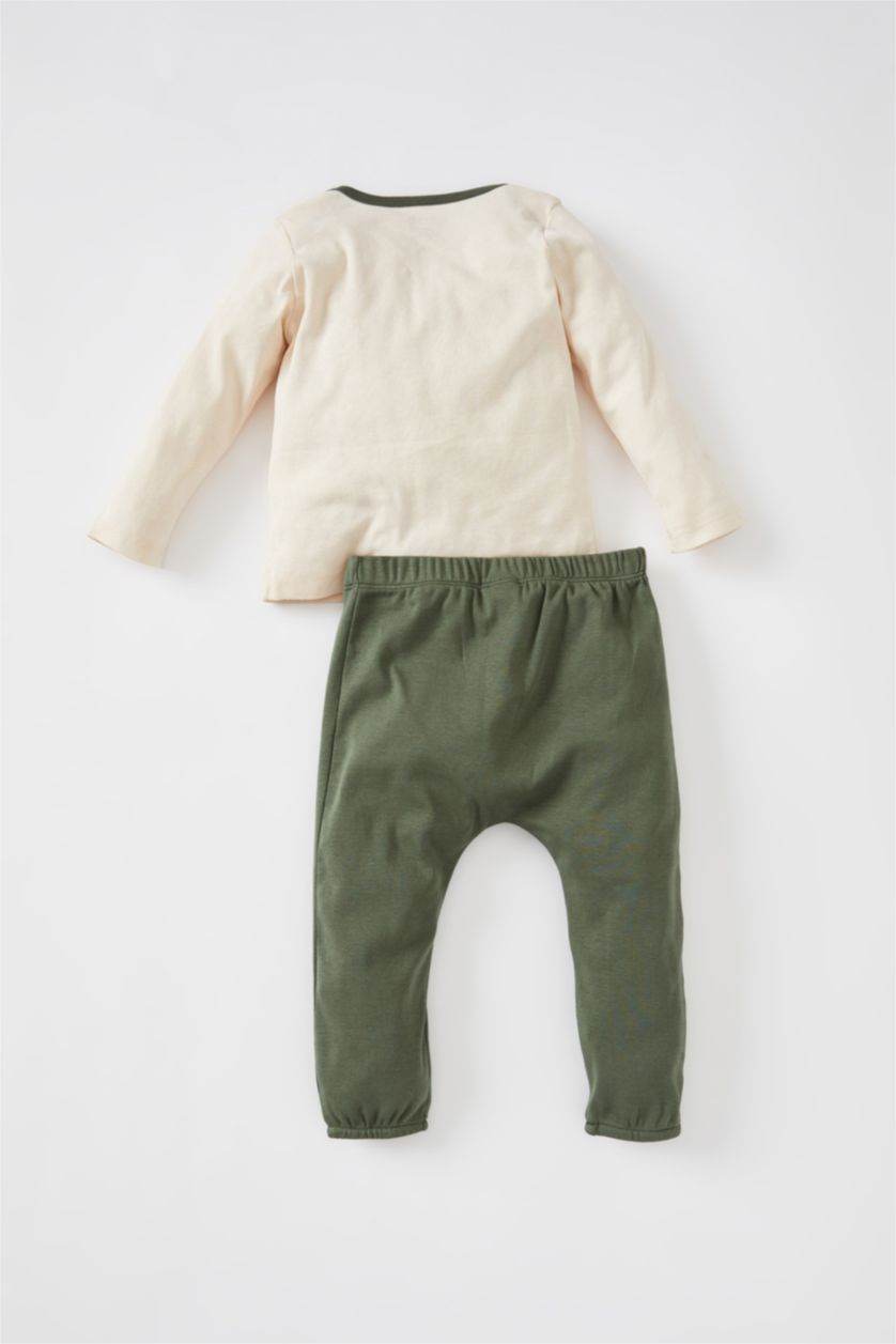 Erkek Bebek Açık Bej Erkek Bebek Yeni Doğan Baskılı Uzun Kollu Tişört Alt 2'li Takım