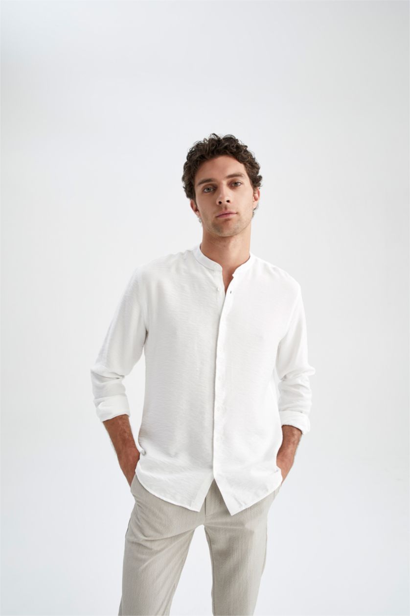 HOMME Blanc Chemise À Manches Longues En Tricot Col Ras Du Cou