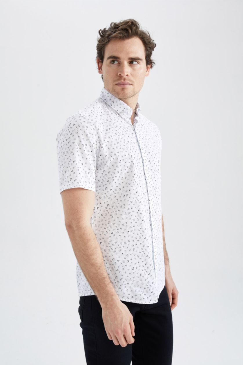 رجالي أبيض قميص نص كم مطبوع سليم فيت بياقة بولو