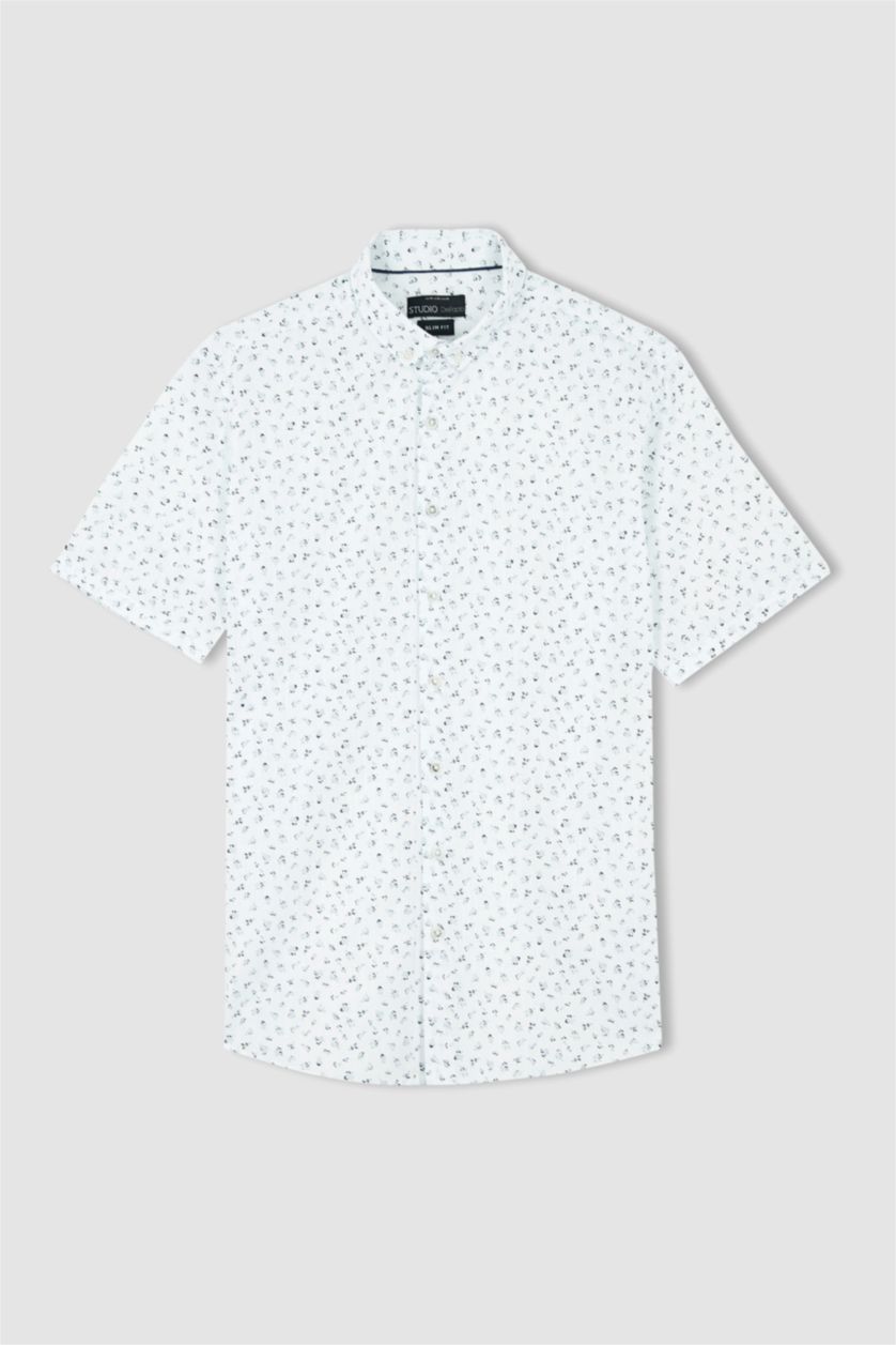 رجالي أبيض قميص نص كم مطبوع سليم فيت بياقة بولو