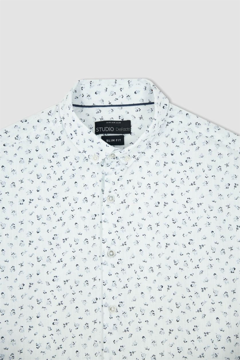 رجالي أبيض قميص نص كم مطبوع سليم فيت بياقة بولو