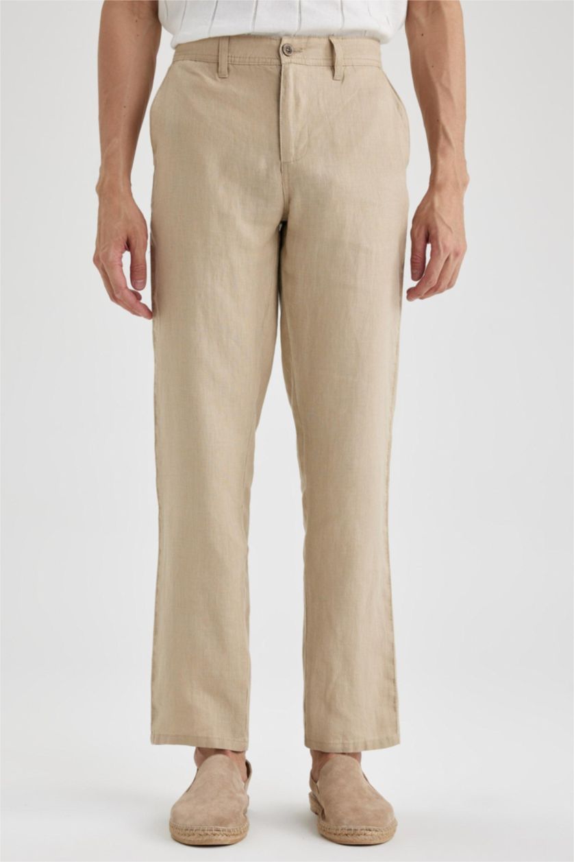 MAN Beige Regular Fit Linen Trousers