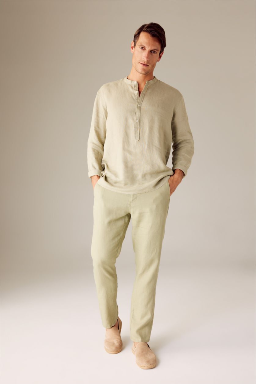 Erkek Açık Yeşil %100 Keten Regular Fit Düz Paça Chino Pantolon