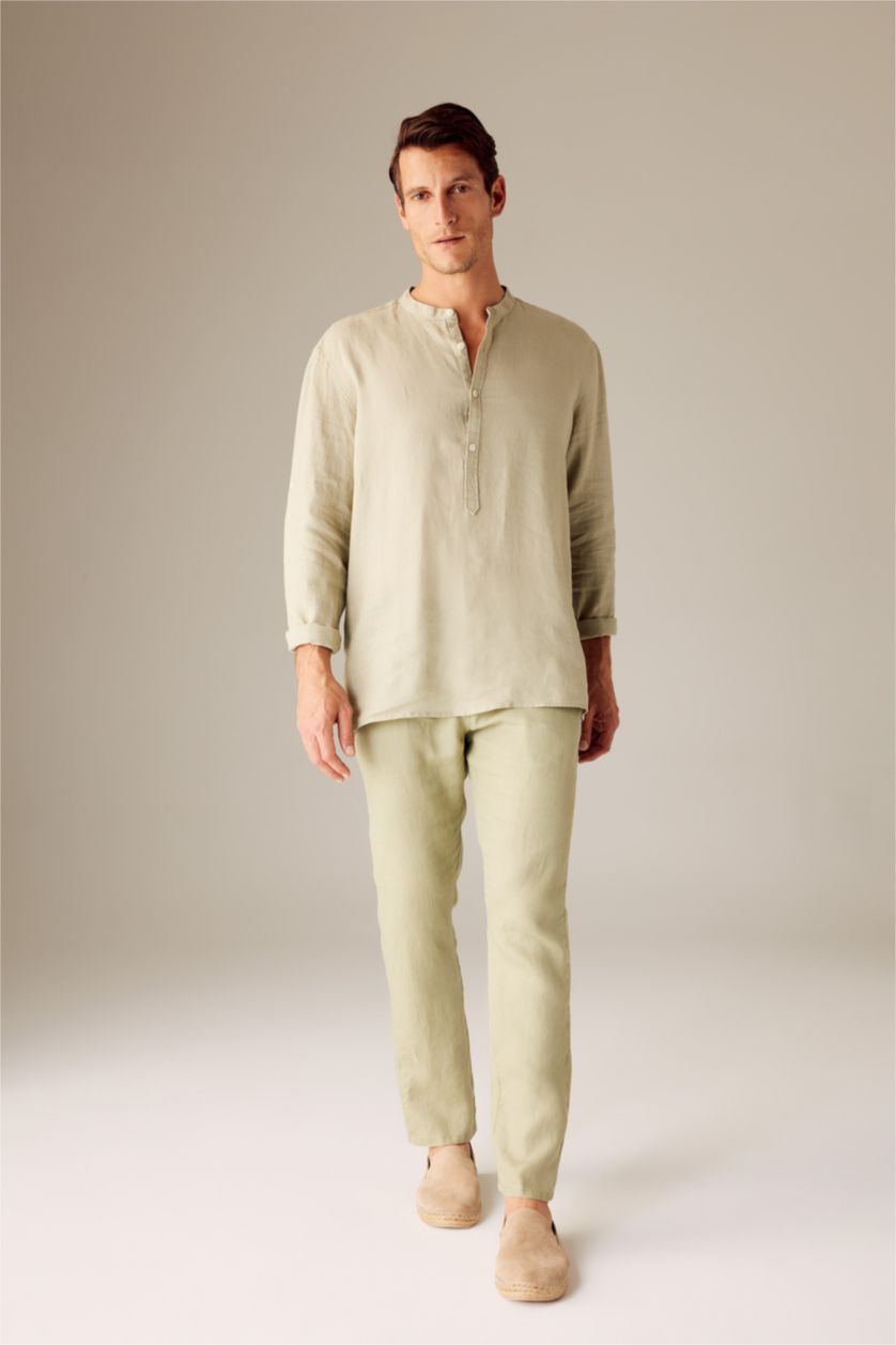 Erkek Açık Yeşil %100 Keten Regular Fit Düz Paça Chino Pantolon