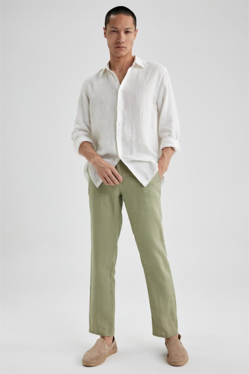 Erkek Açık Yeşil %100 Keten Regular Fit Düz Paça Chino Pantolon