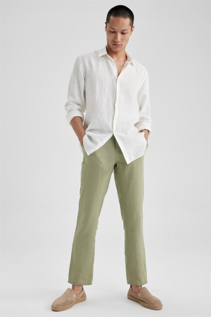 Erkek Açık Yeşil %100 Keten Regular Fit Düz Paça Chino Pantolon