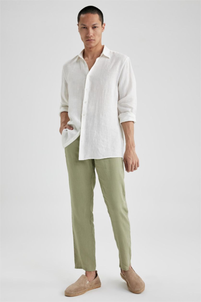 Erkek Açık Yeşil %100 Keten Regular Fit Düz Paça Chino Pantolon