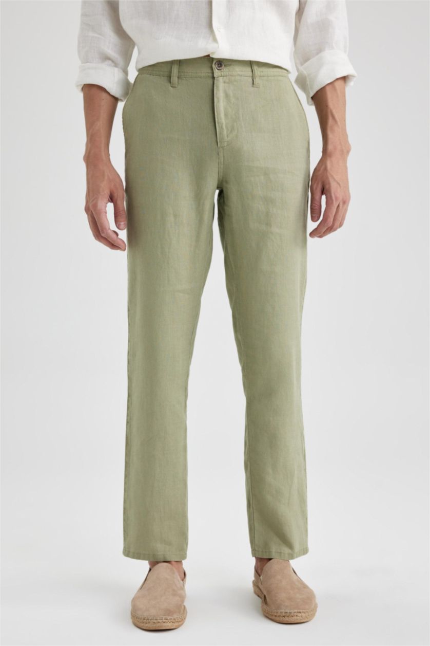 Erkek Açık Yeşil %100 Keten Regular Fit Düz Paça Chino Pantolon