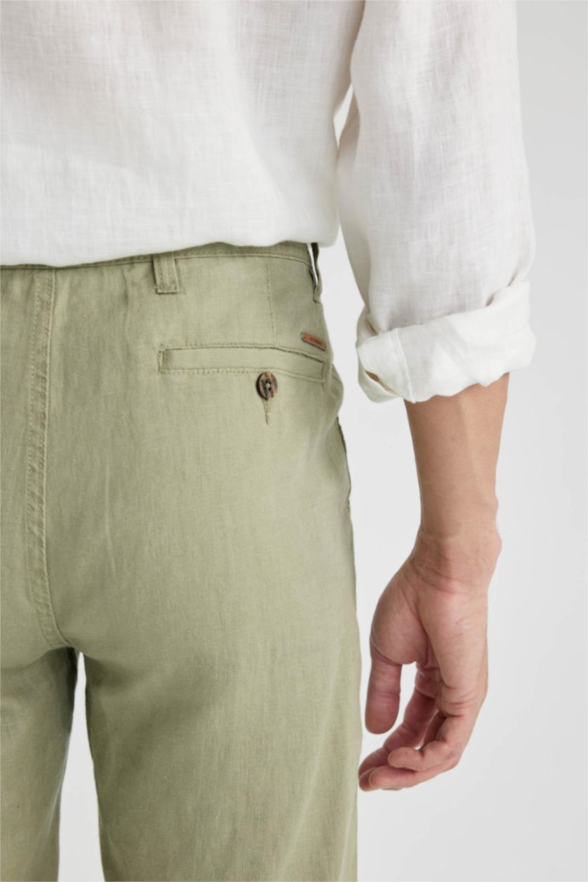 Erkek Açık Yeşil %100 Keten Regular Fit Düz Paça Chino Pantolon