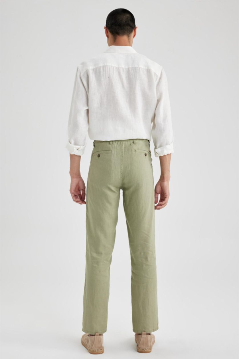 Erkek Açık Yeşil %100 Keten Regular Fit Düz Paça Chino Pantolon