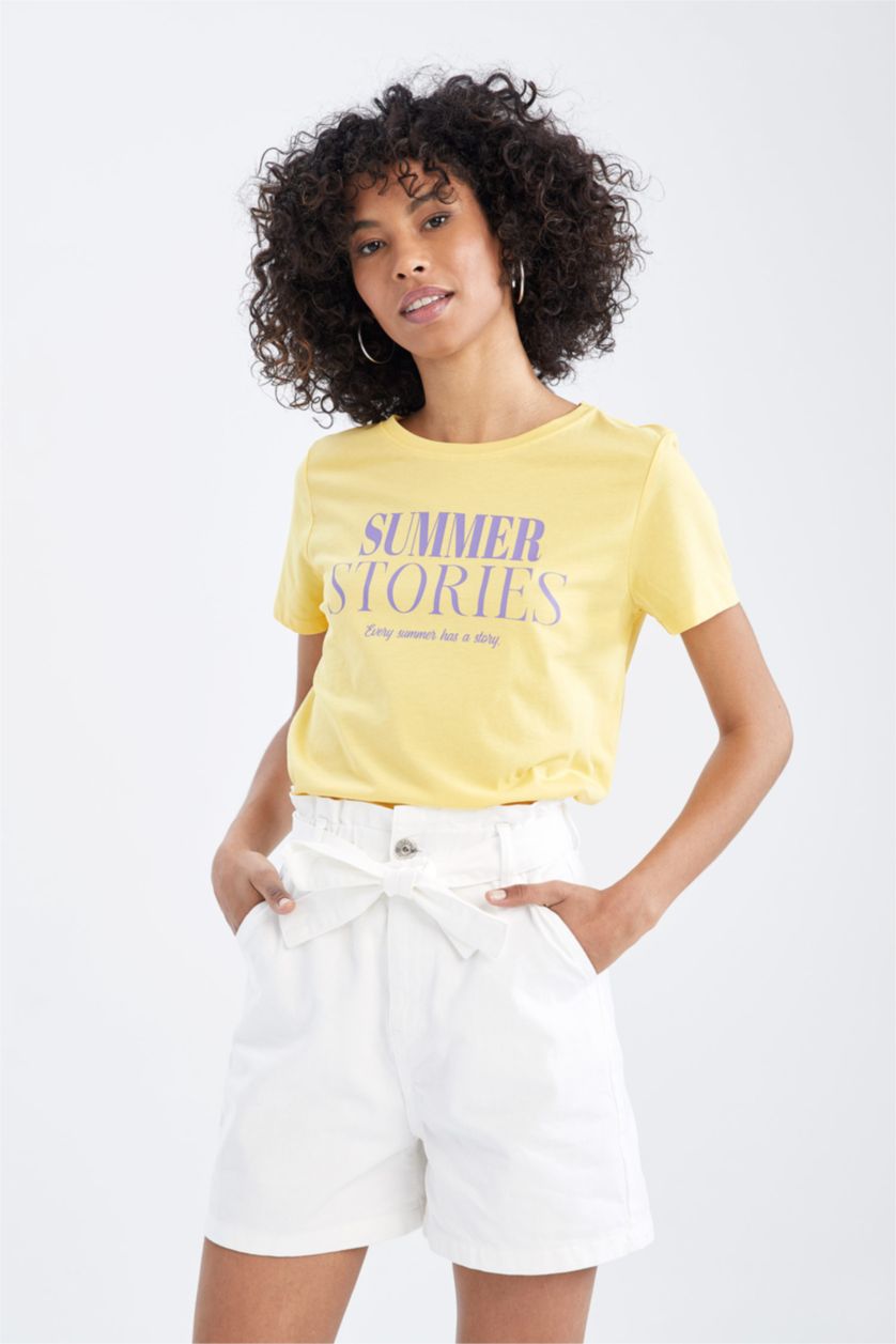 نساء أصفر تي شيرت قطن بياقة مستديرة وقصة عادية