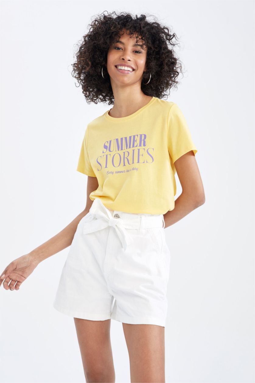 نساء أصفر تي شيرت قطن بياقة مستديرة وقصة عادية