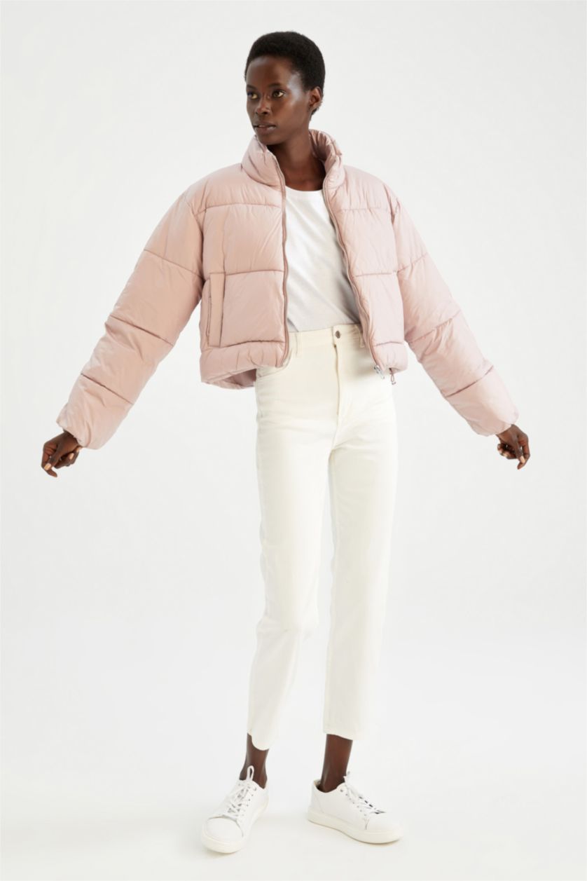 Kadın Pembe Crop Puffer Şişme Mont