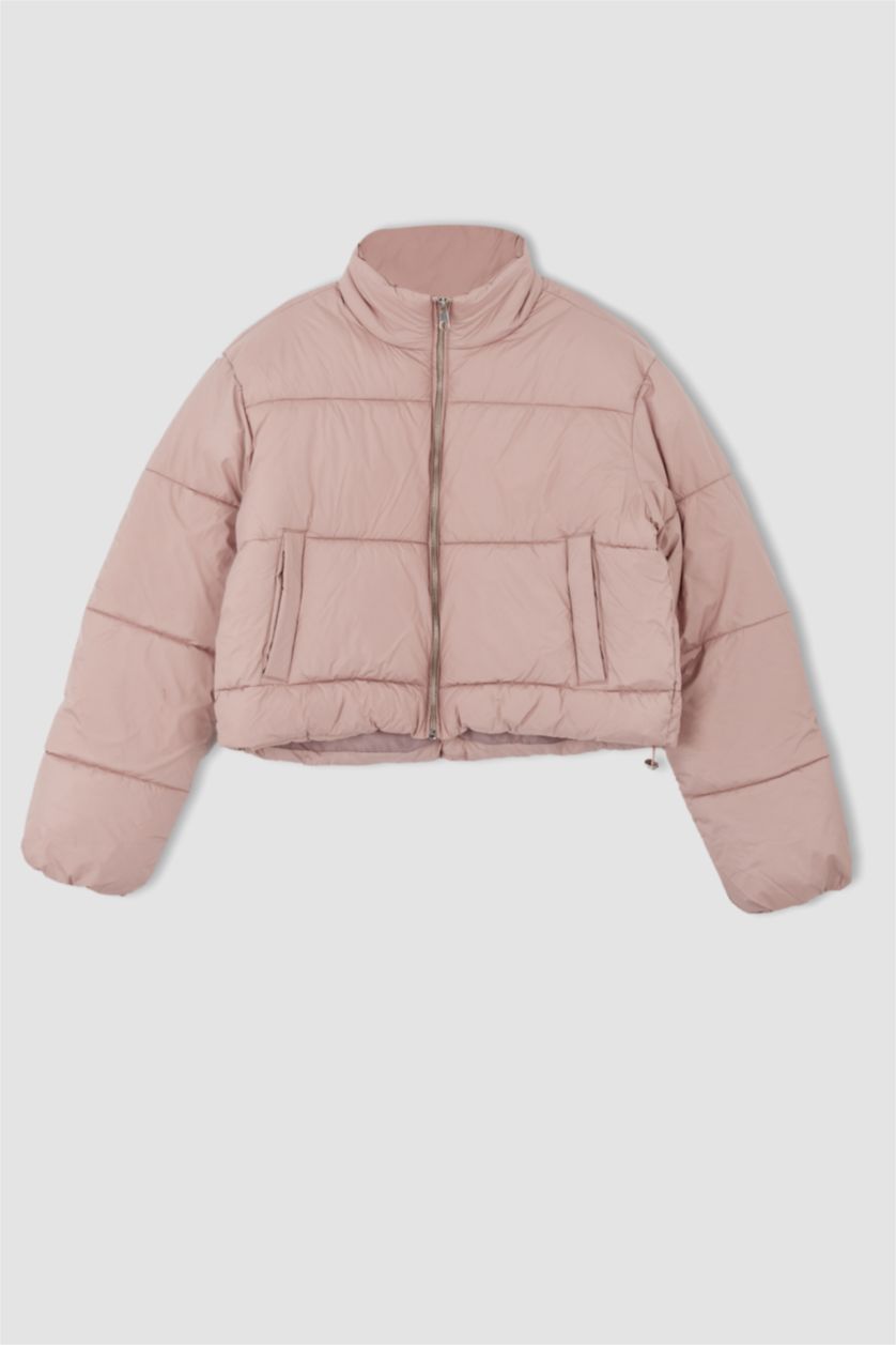 Kadın Pembe Crop Puffer Şişme Mont