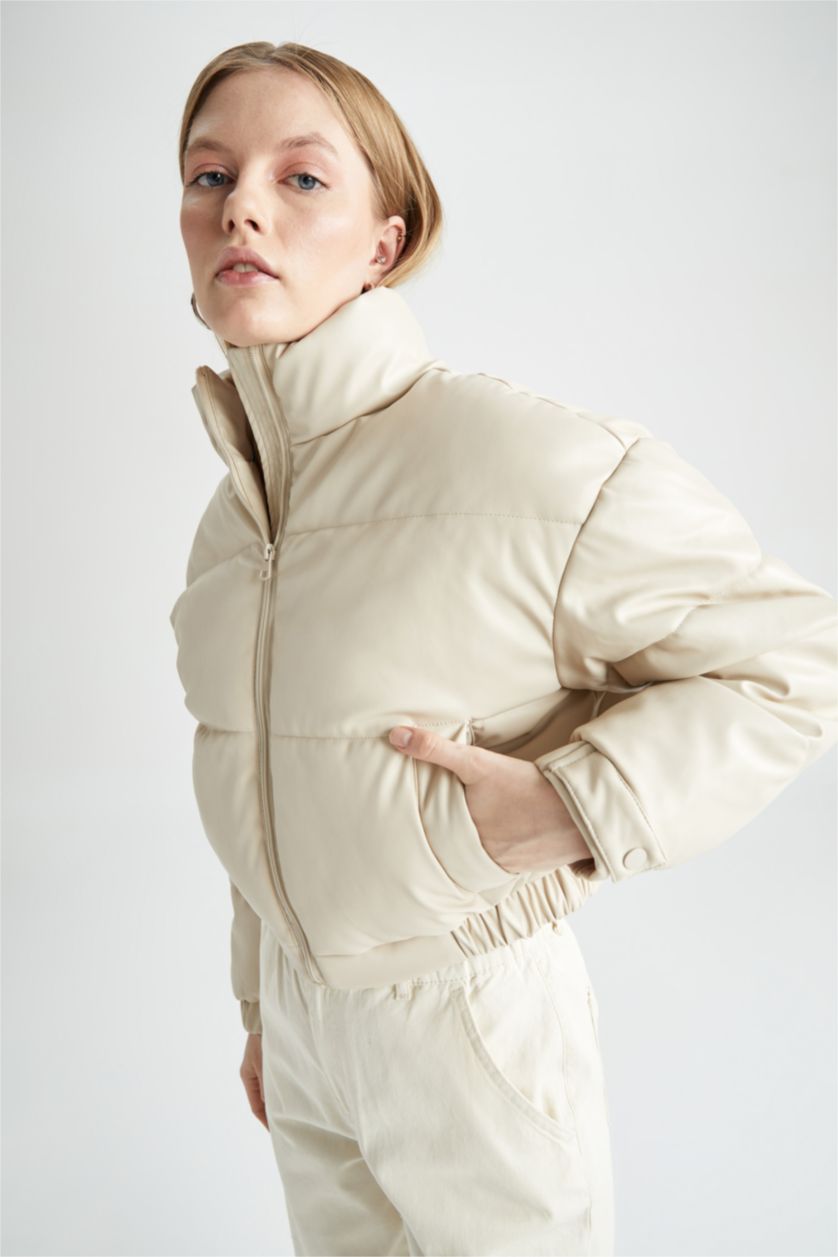WOMAN Sand Regular Fit Faux Leather Puffer Jacket