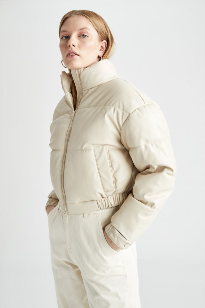 WOMAN Sand Regular Fit Faux Leather Puffer Jacket