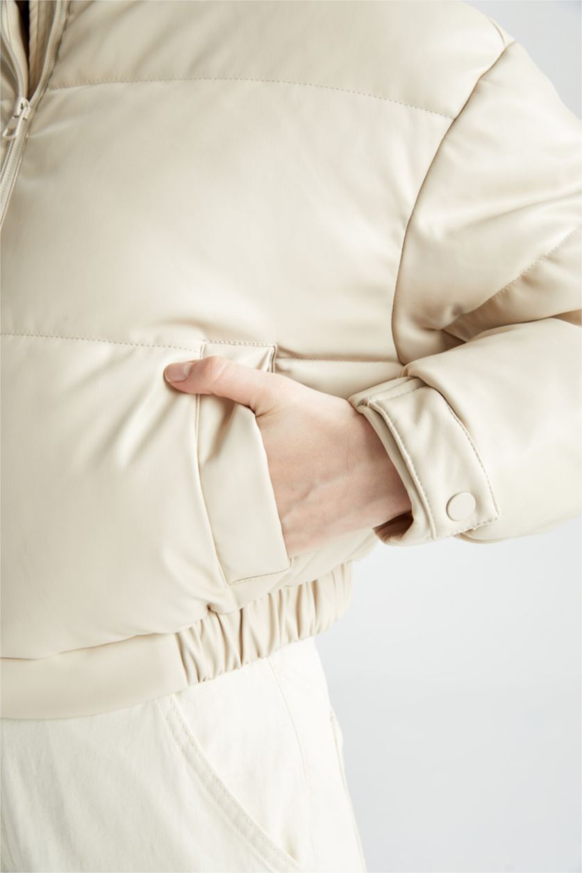 WOMAN Sand Regular Fit Faux Leather Puffer Jacket