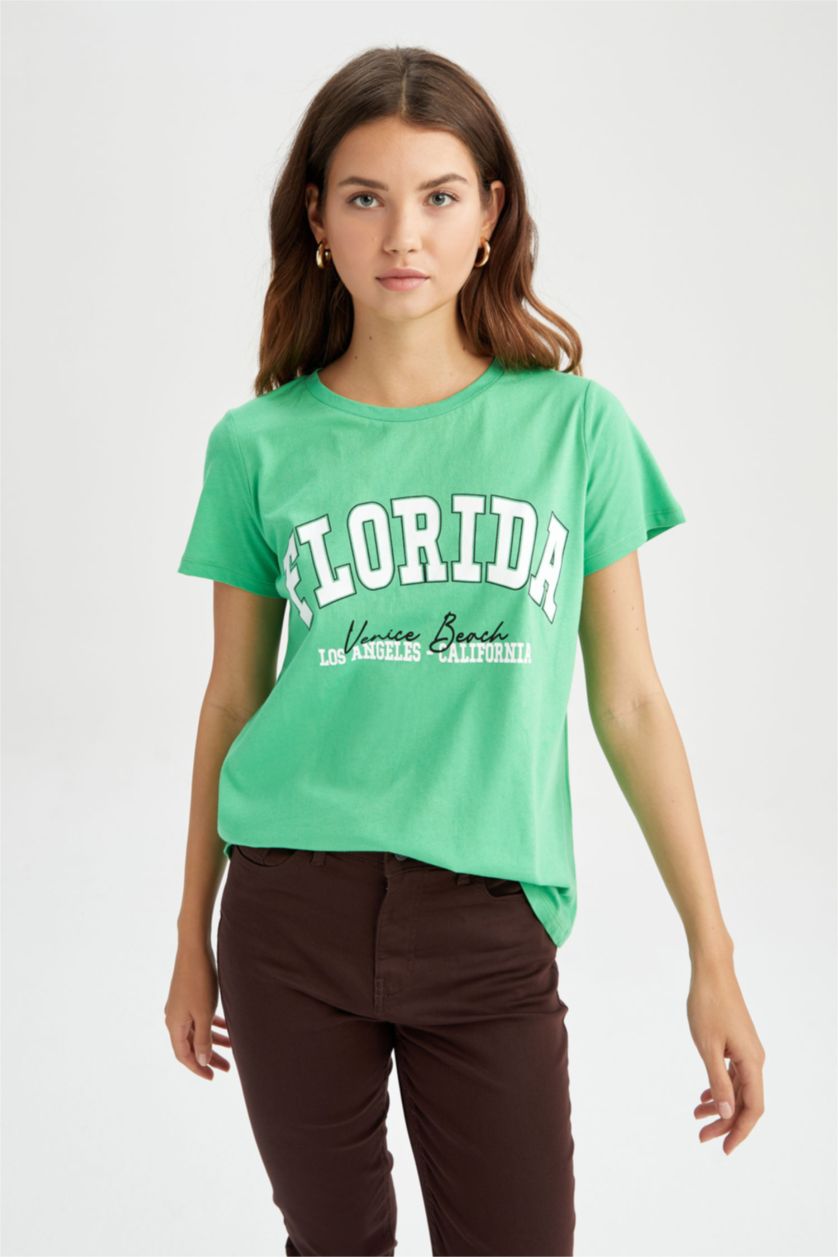 نساء أخضر فاتح تي شيرت بأكمام قصيرة قطن بقصة عادية بياقة مستديرة