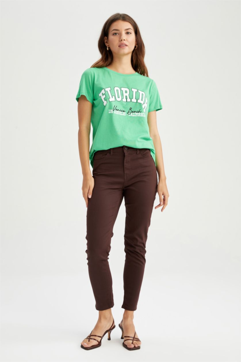 نساء أخضر فاتح تي شيرت بأكمام قصيرة قطن بقصة عادية بياقة مستديرة