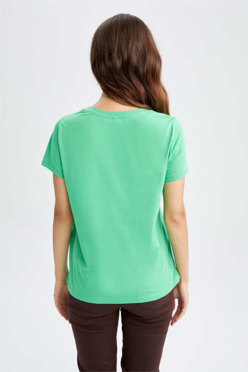 نساء أخضر فاتح تي شيرت بأكمام قصيرة قطن بقصة عادية بياقة مستديرة