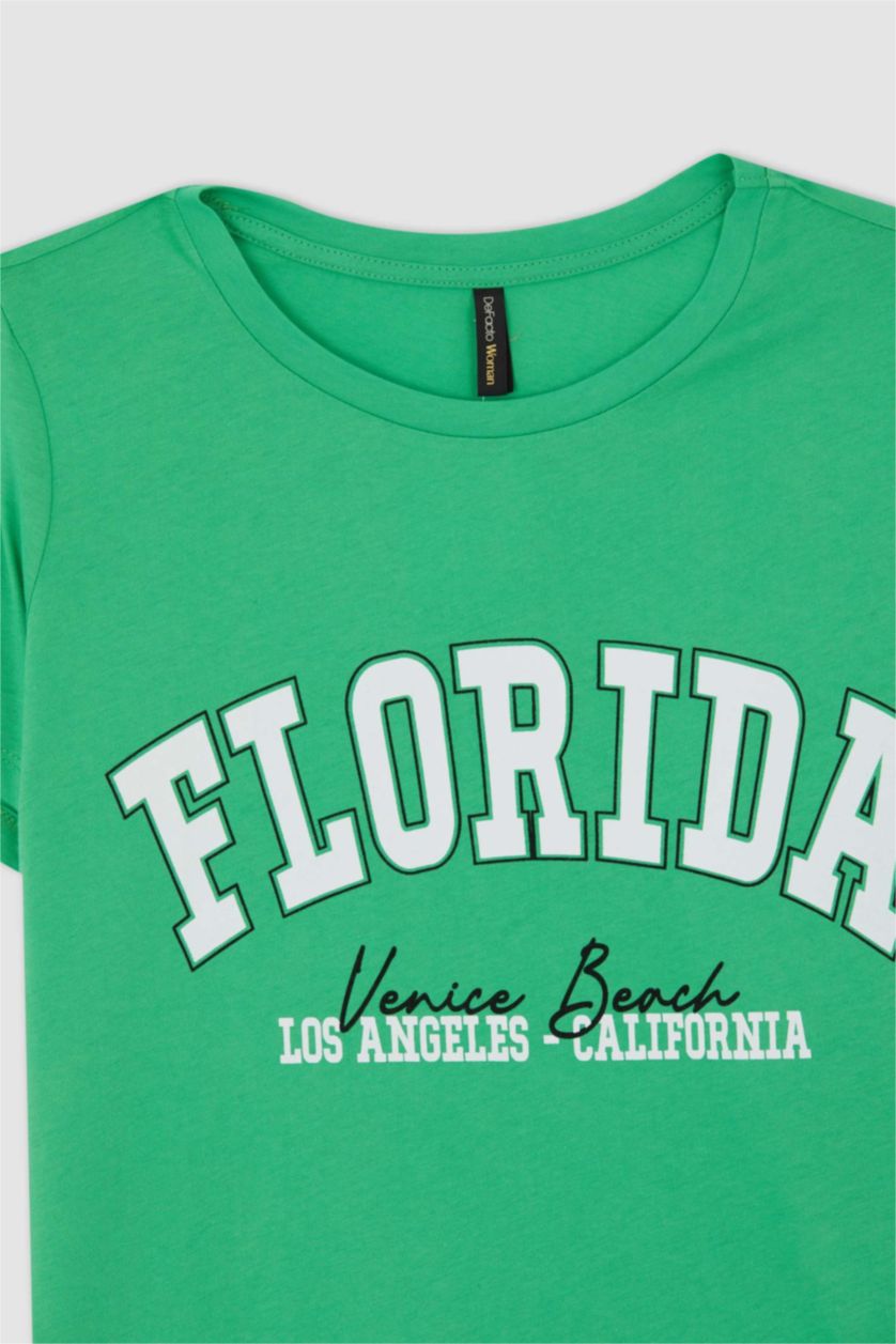 نساء أخضر فاتح تي شيرت بأكمام قصيرة قطن بقصة عادية بياقة مستديرة