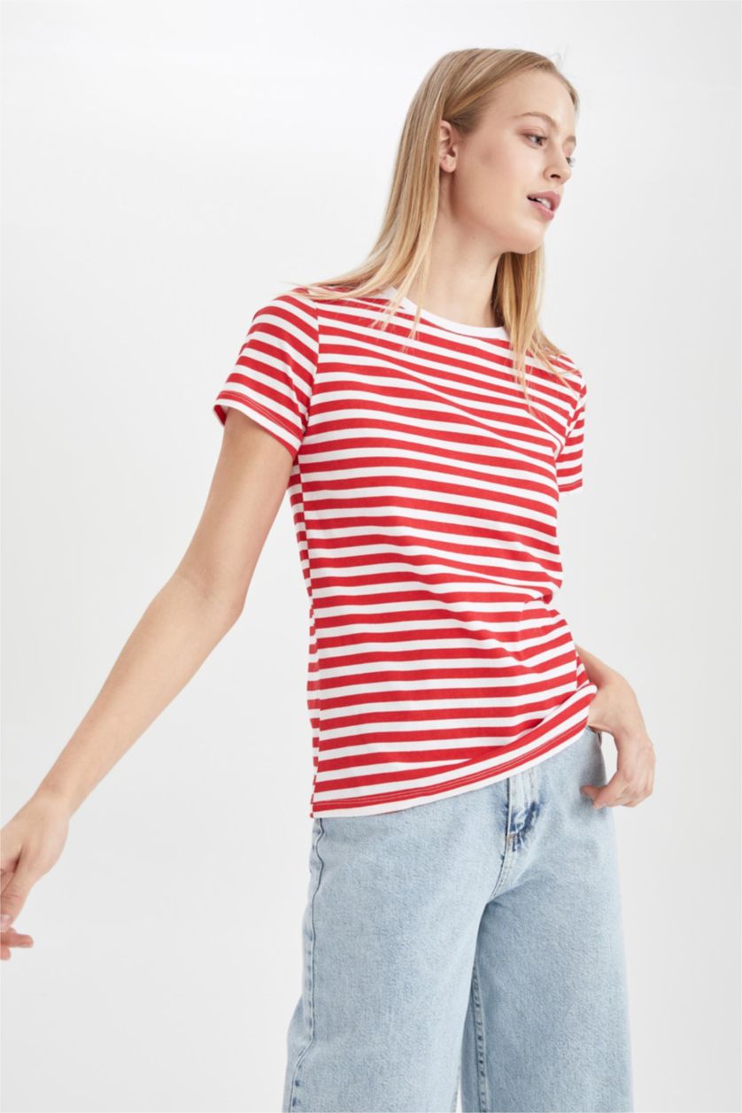 Kadın Kırmızı Regular Fıt Penye Kısa Kollu Tişört