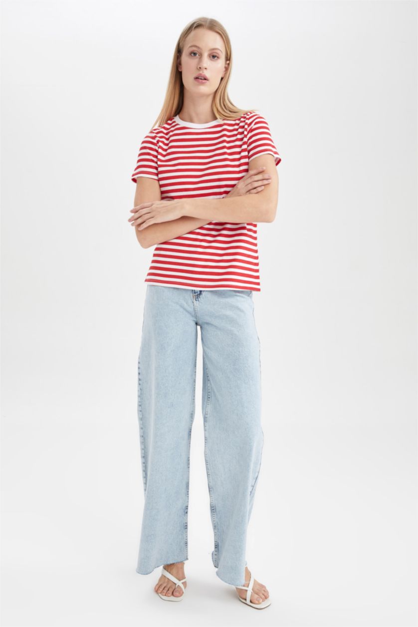 Kadın Kırmızı Regular Fıt Penye Kısa Kollu Tişört