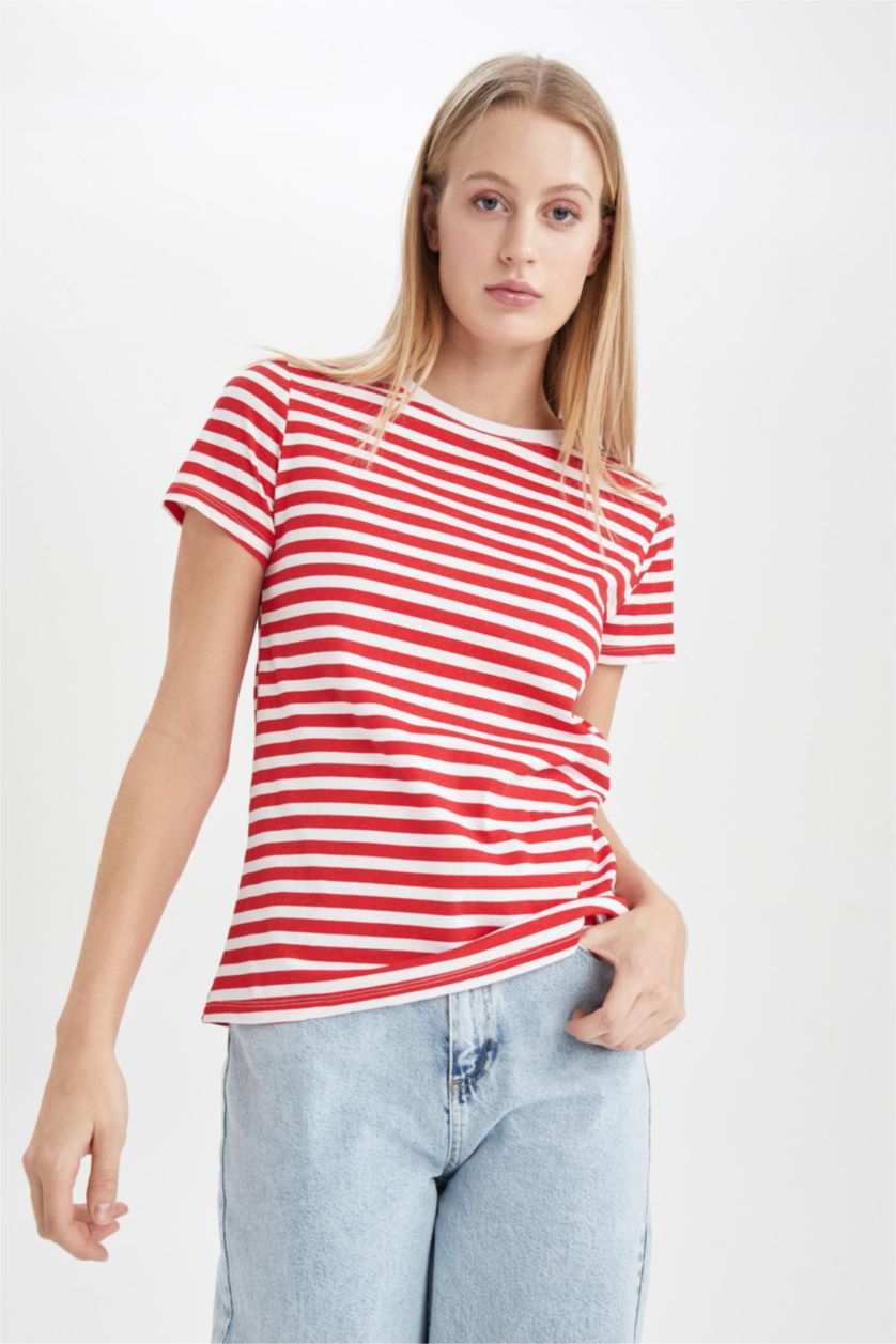 Kadın Kırmızı Regular Fıt Penye Kısa Kollu Tişört