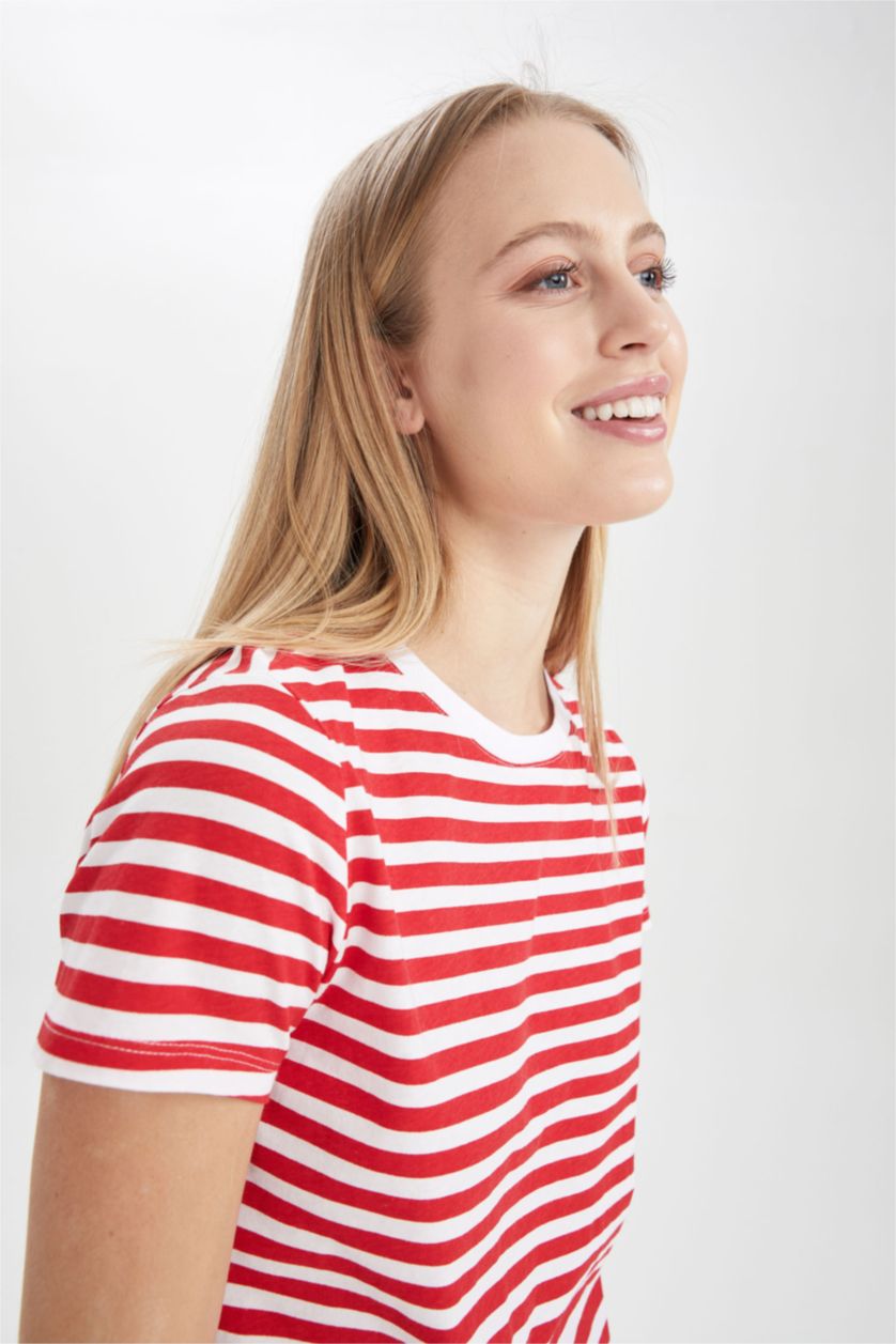 Kadın Kırmızı Regular Fıt Penye Kısa Kollu Tişört