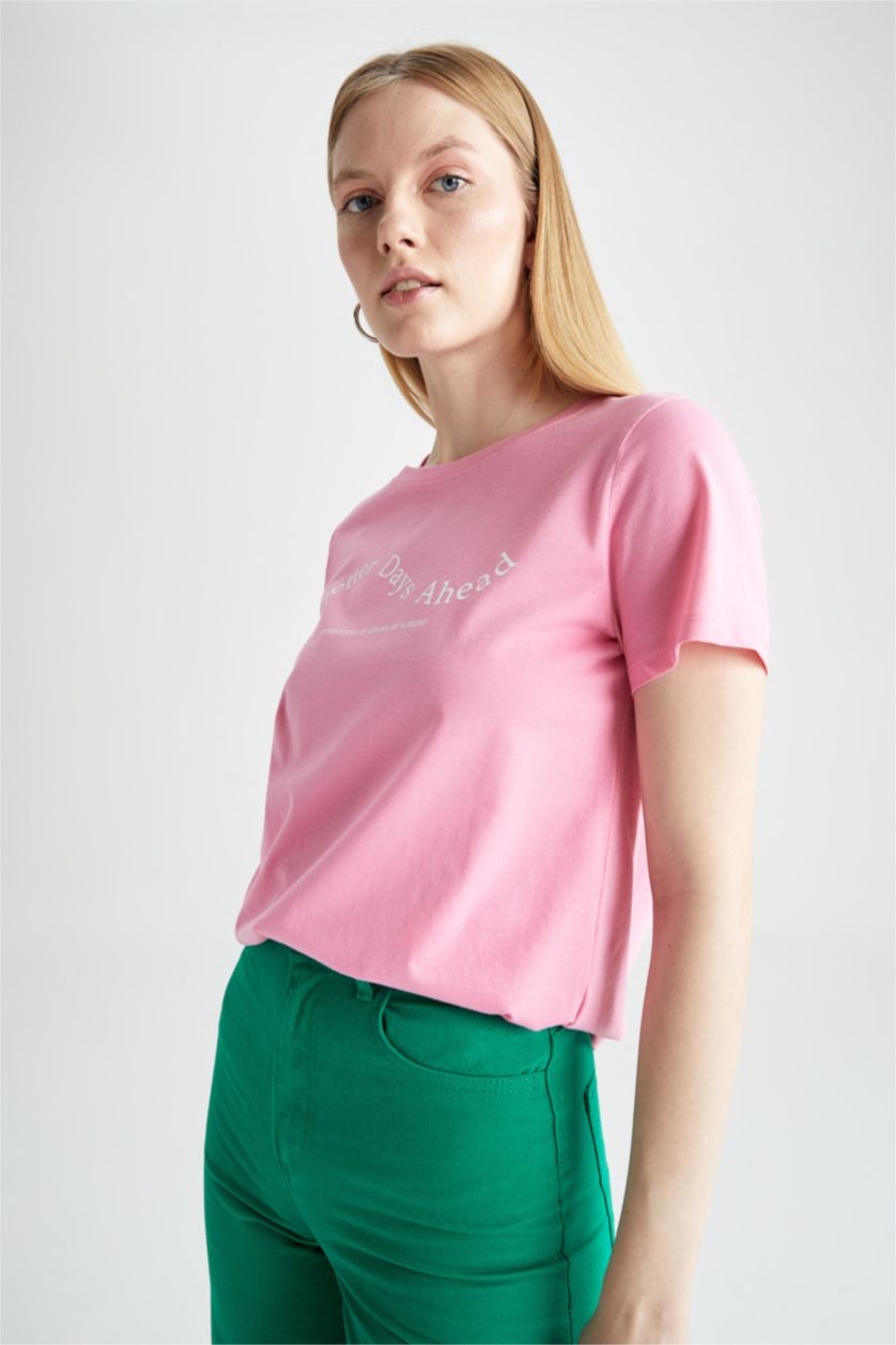 Kadın Pembe Regular Fıt Penye Kısa Kollu Tişört