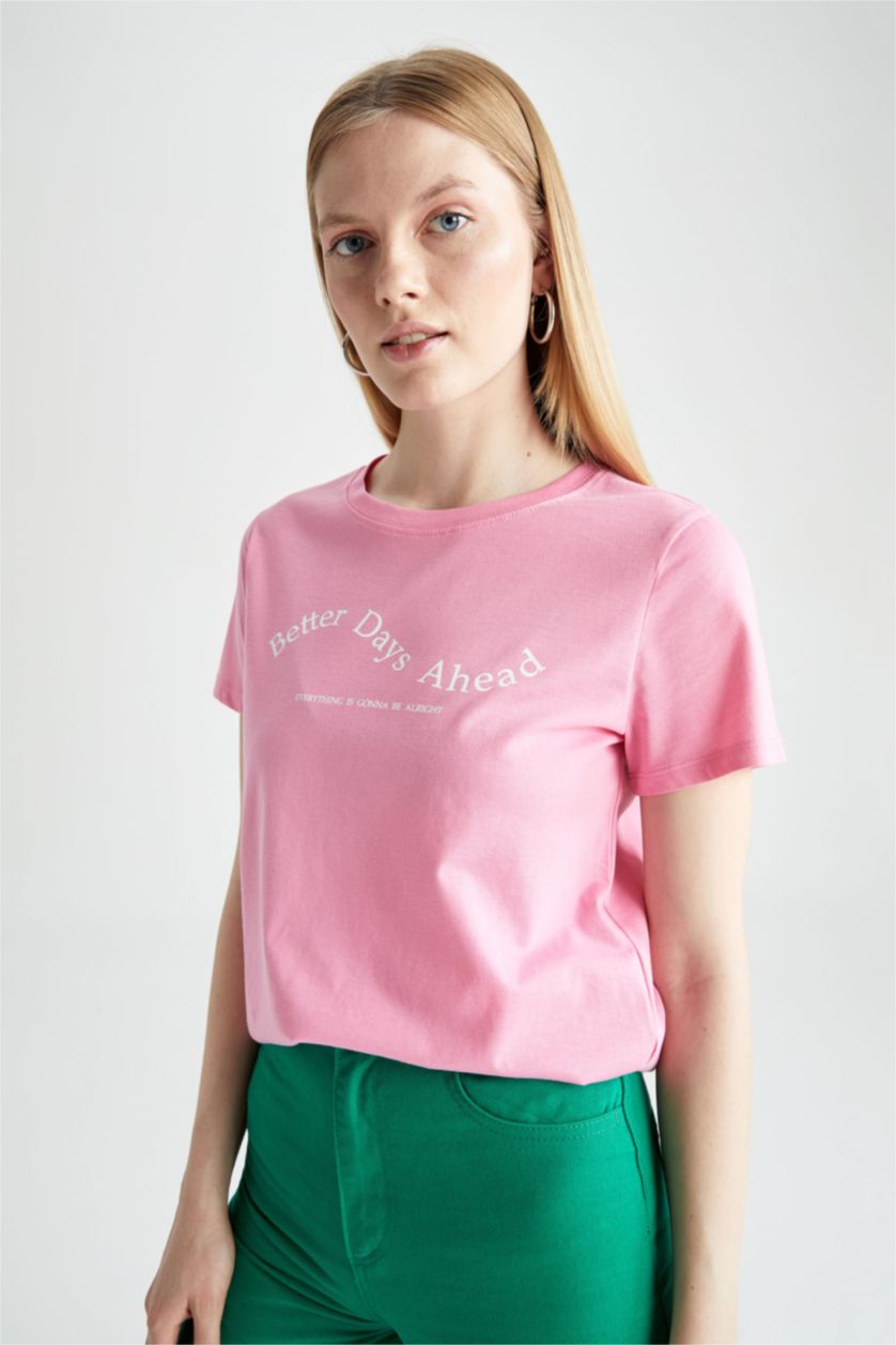 Kadın Pembe Regular Fıt Penye Kısa Kollu Tişört