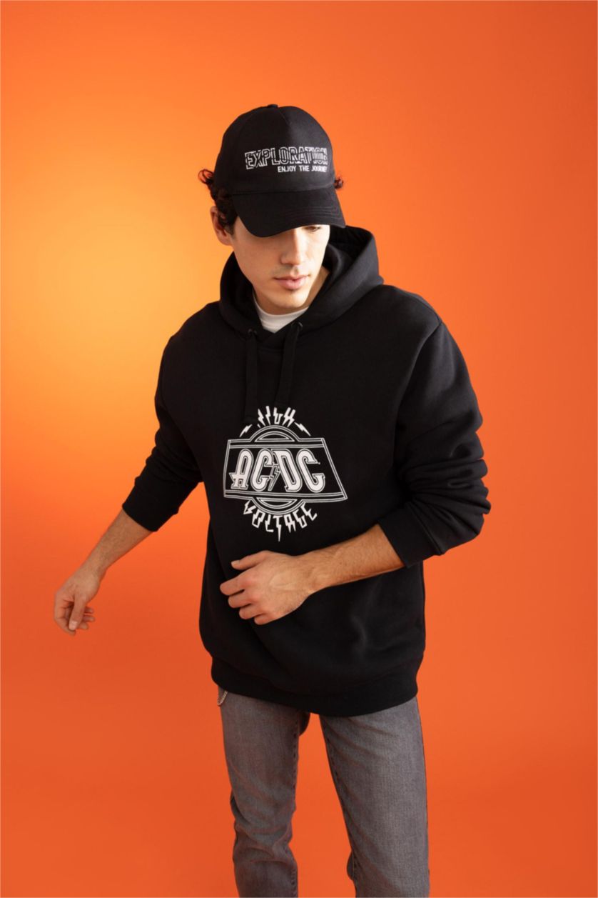 Erkek Siyah AC/DC Regular Fit Kapüşonlu Sweatshirt