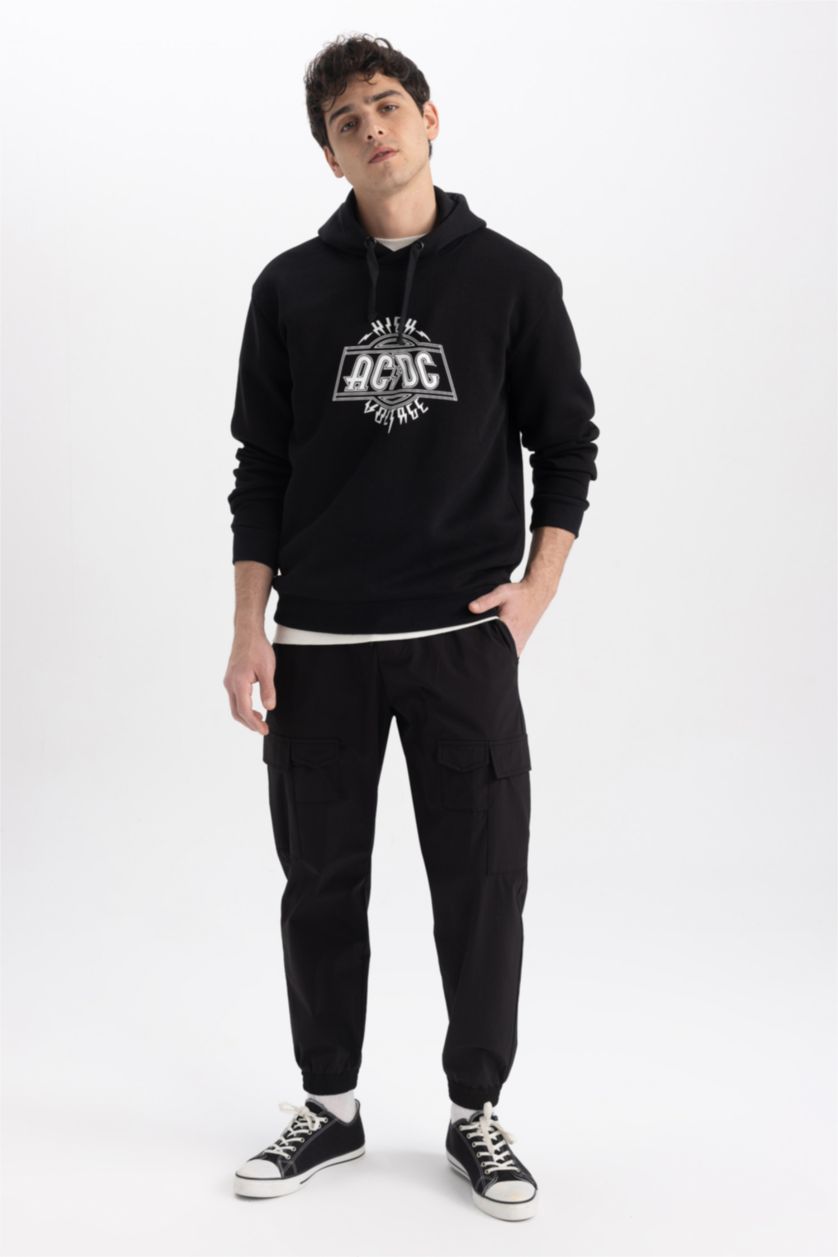 Erkek Siyah AC/DC Regular Fit Kapüşonlu Sweatshirt