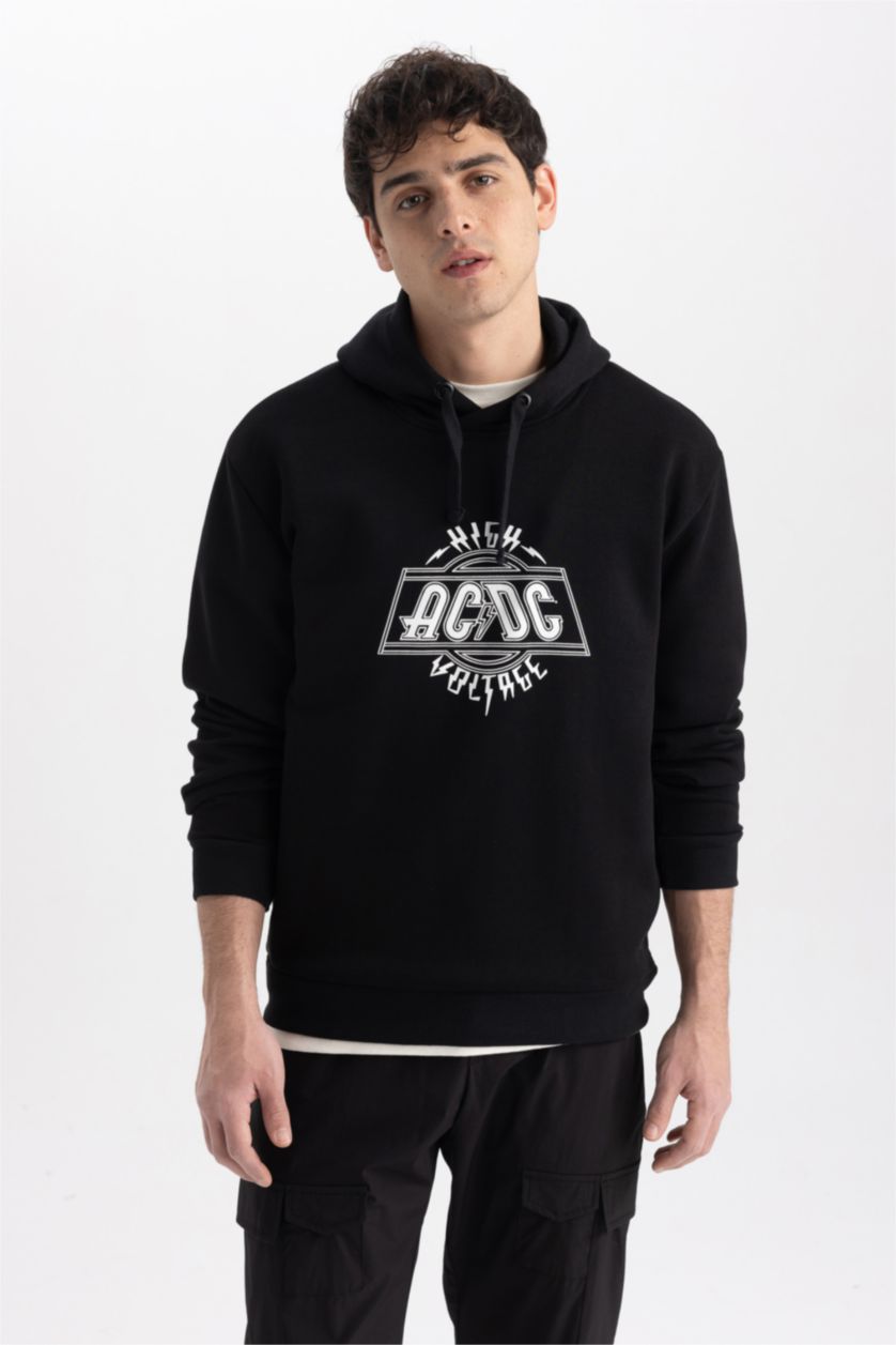 Erkek Siyah AC/DC Regular Fit Kapüşonlu Sweatshirt
