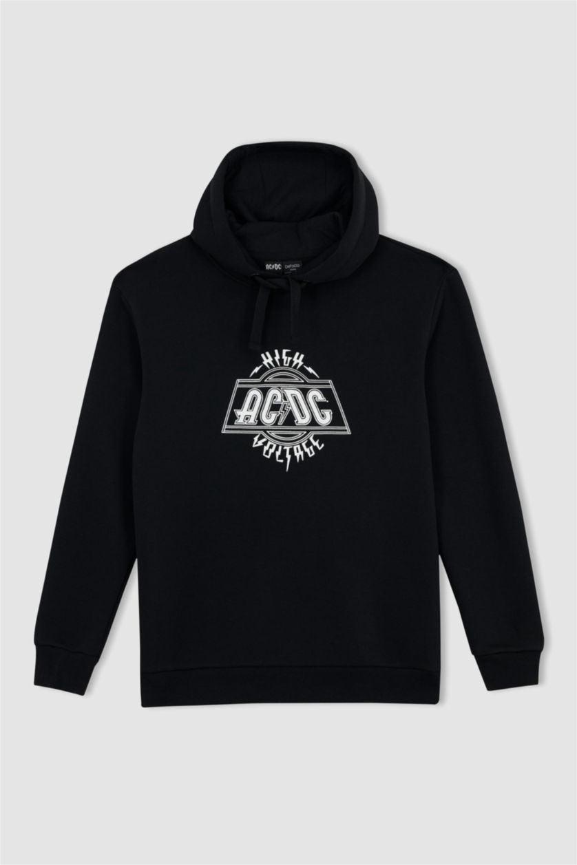 Erkek Siyah AC/DC Regular Fit Kapüşonlu Sweatshirt