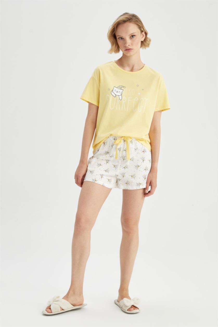 Kadın Ekru Fall in Love Regular Fit Bisiklet Yaka Kedi Baskılı Pamuklu Pijama Takım