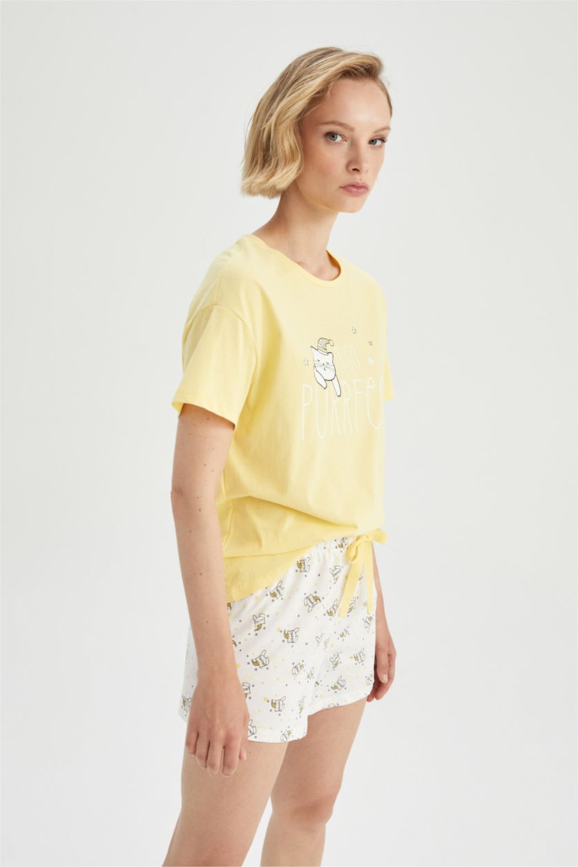 Kadın Ekru Fall in Love Regular Fit Bisiklet Yaka Kedi Baskılı Pamuklu Pijama Takım