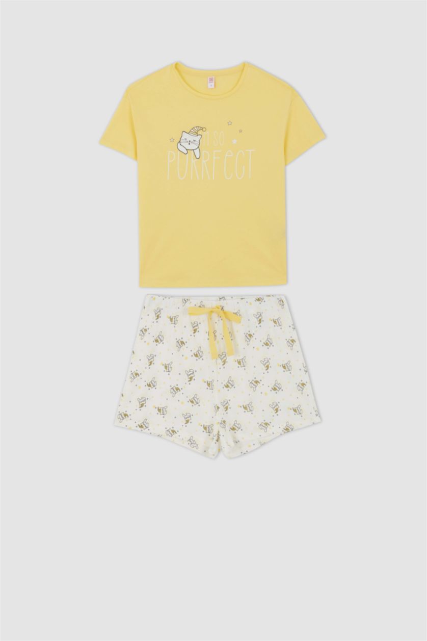 Kadın Ekru Fall in Love Regular Fit Bisiklet Yaka Kedi Baskılı Pamuklu Pijama Takım