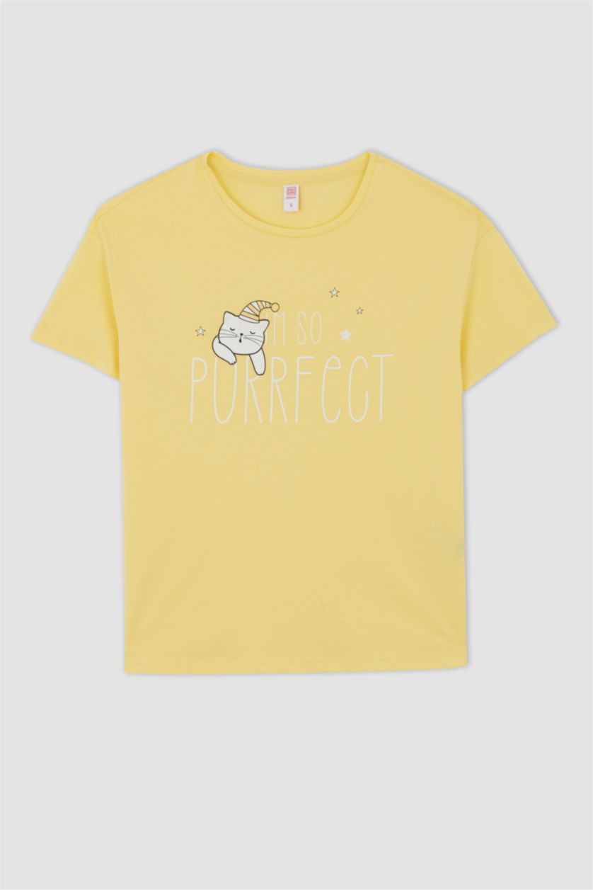 Kadın Ekru Fall in Love Regular Fit Bisiklet Yaka Kedi Baskılı Pamuklu Pijama Takım