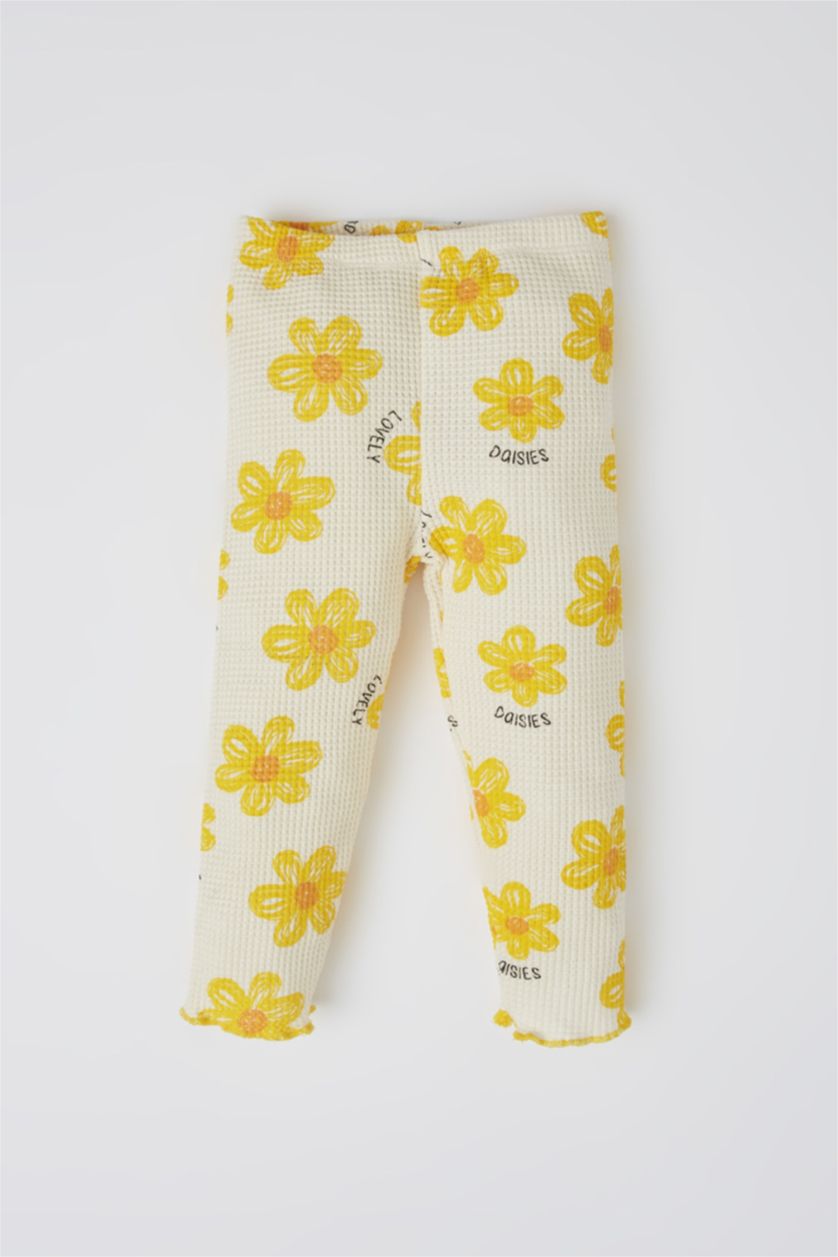 Baby Girl Ecru Baby Girl Regular Fit Floral Waffle Textured Leggings