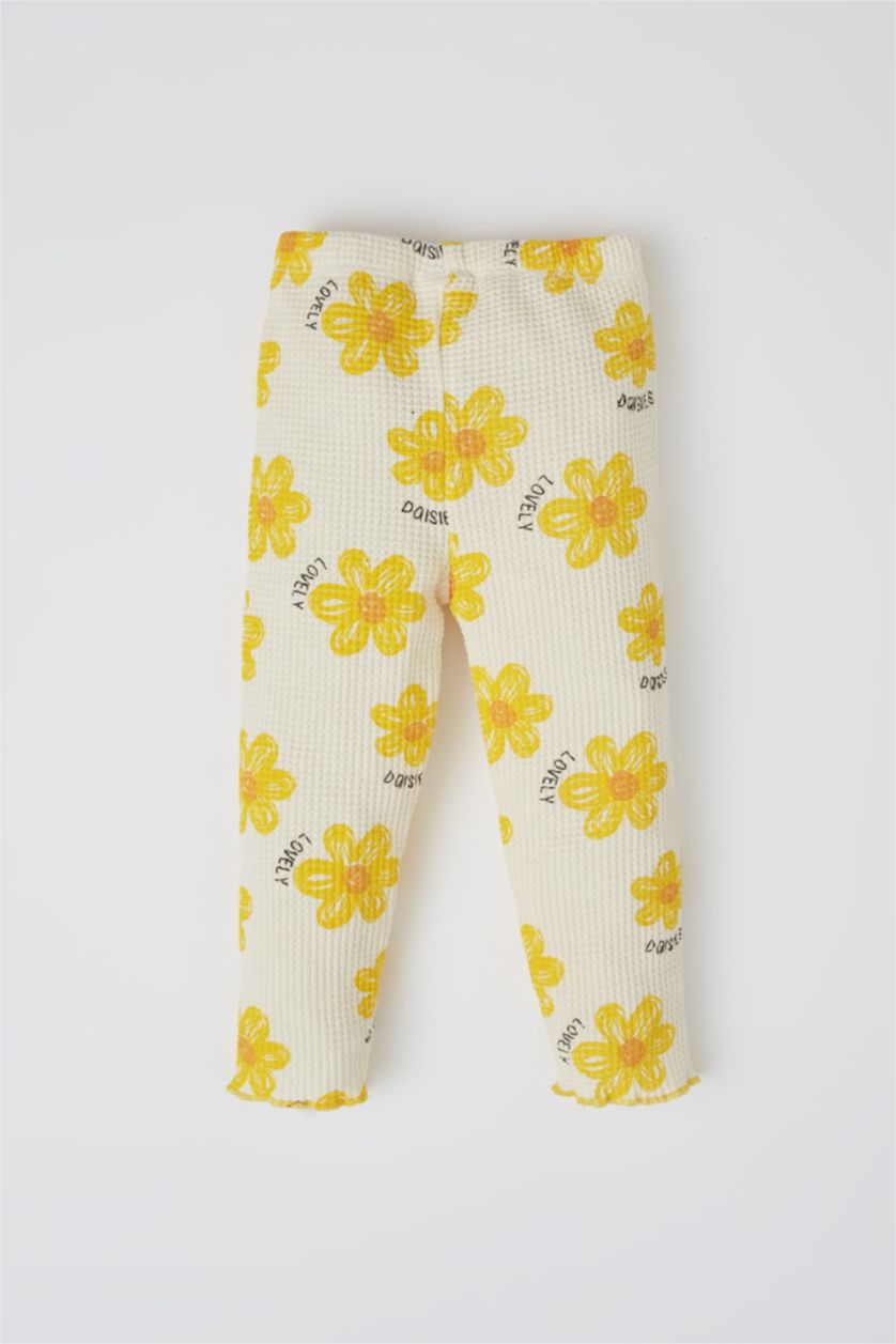Baby Girl Ecru Baby Girl Regular Fit Floral Waffle Textured Leggings