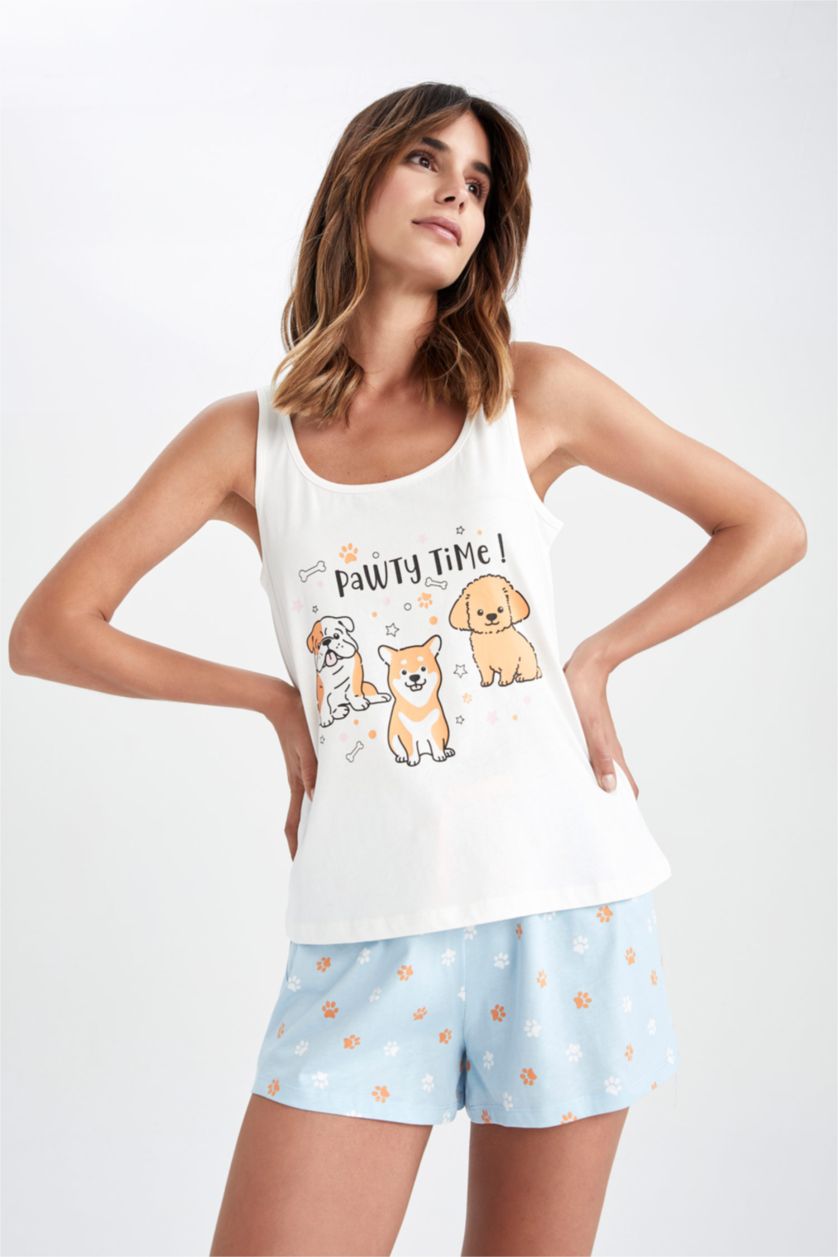WOMAN Light Blue Regular Fit Printed Pyjama Set