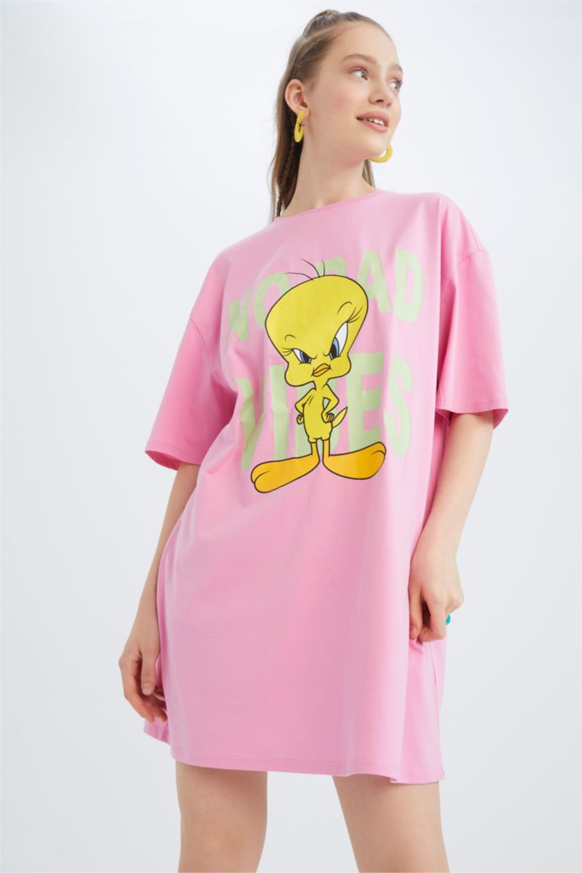 FEMME Rose Robe En Maille À Manches Courtes Très court Col arrondi Looney Tunes