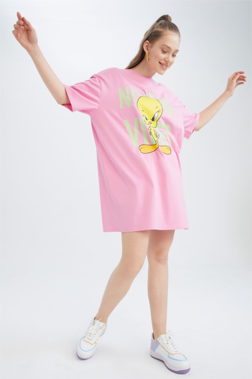 FEMME Rose Robe En Maille À Manches Courtes Très court Col arrondi Looney Tunes