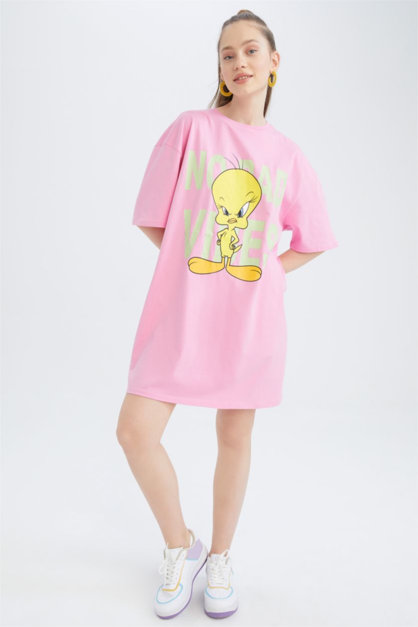 FEMME Rose Robe En Maille À Manches Courtes Très court Col arrondi Looney Tunes