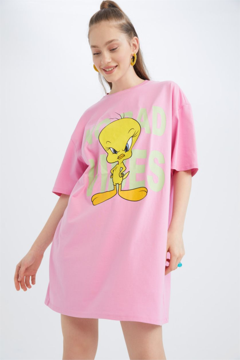 FEMME Rose Robe En Maille À Manches Courtes Très court Col arrondi Looney Tunes
