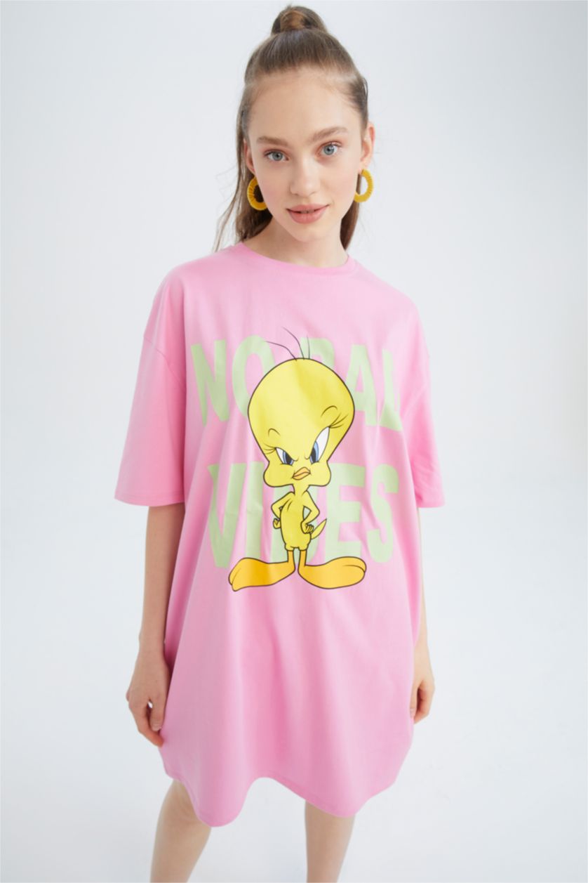 FEMME Rose Robe En Maille À Manches Courtes Très court Col arrondi Looney Tunes